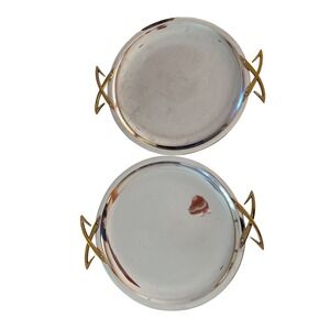Vintage Mid Century Modern Atomic Chrome Trays with Gold X Handles 13" Set of 2